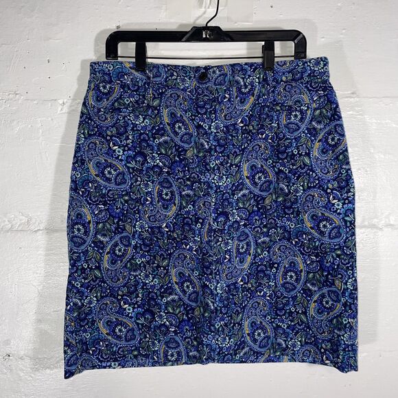 Talbots Blue Paisley Corduroy Skirt Size 12 Cotton Stretch Classic Print Mod - Picture 2 of 9